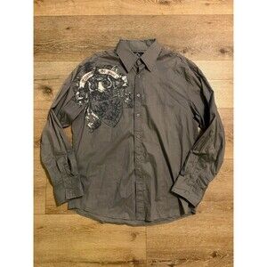 Roar Mens Gray Long Sleeve Button Up Graphic Print Shirt Size XL